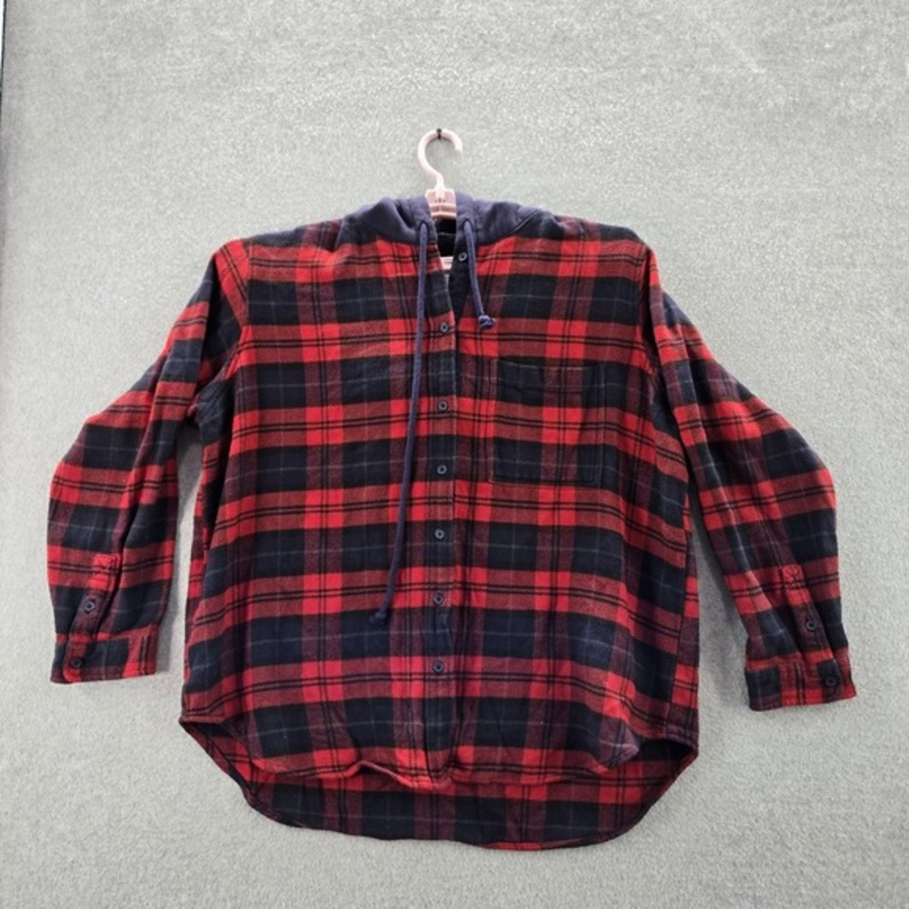 American‎ Eagle Men Button Up Shirt L Red Plaid Flannel Drawstring Long